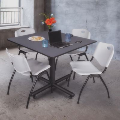 Image showing  Kobe 48 in. Square Breakroom Table, X-Base & 4  Grey M Stack Chairs