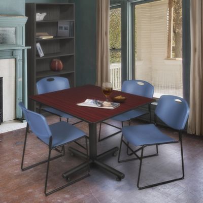 Image showing  Kobe 48 in. Square Breakroom Table, X-Base & 4  Blue Zeng Stack Chairs