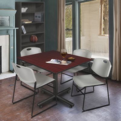Image showing  Kobe 48 in. Square Breakroom Table, X-Base & 4  Grey Zeng Stack Chairs