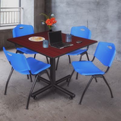Image showing  Kobe 48 in. Square Breakroom Table, X-Base & 4 Blue M Stack Chairs