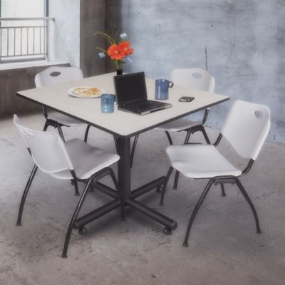 Image showing  Kobe 48 in. Square Breakroom Table,  X-Base & 4 Grey M Stack Chairs