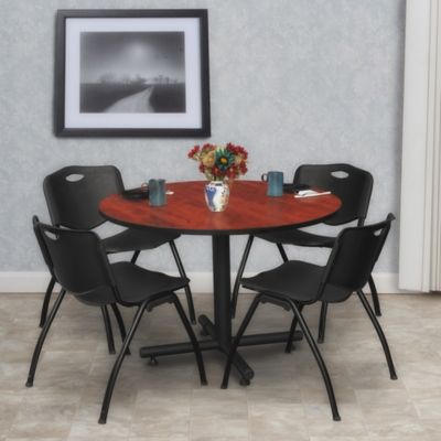 Image showing  Kobe 48 in. Round Breakroom Table, X-Base & 4 Black M Stack Chairs