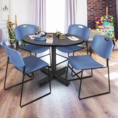 Image showing  Kobe 48 in. Round Breakroom Table, X-Base & 4 Blue Zeng Stack Chairs