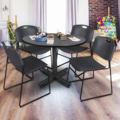 Image showing  Kobe 48 in. Round Breakroom Table, X-Base & 4 Black Zeng Stack Chairs