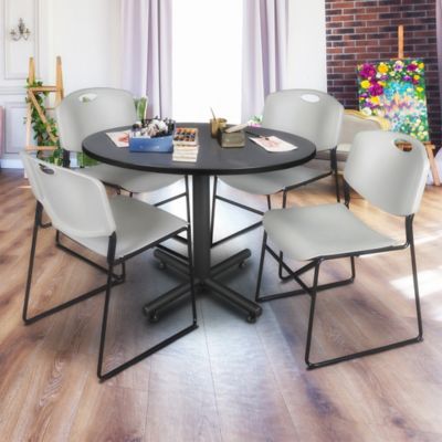 Image showing  Kobe 48 in. Round Breakroom Table, X-Base & 4 Grey Zeng Stack Chairs