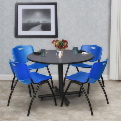 Image showing  Kobe 48 in. Round Breakroom Table, X-Base & 4 Blue M Stack Chairs