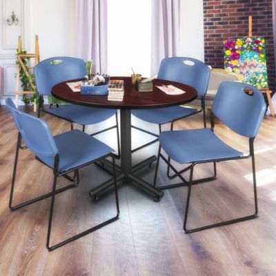 Image showing  Kobe 48 in.  Round Breakroom Table, X-Base & 4 Blue Zeng Stack Chairs