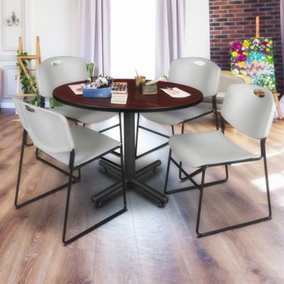 Image showing  Kobe 48 in.  Round Breakroom Table, X-Base & 4 Grey Zeng Stack Chairs