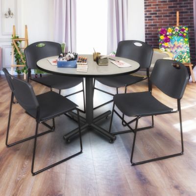Image showing  Kobe 48 in. Round  Breakroom Table, X-Base & 4 Black Zeng Stack Chairs