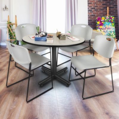 Image showing  Kobe 48 in. Round Breakroom Table, X-Base & 4 Grey Zeng Stack Chairs