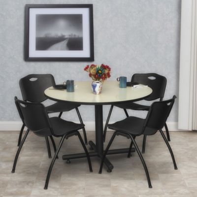 Image showing  Kobe  48 in. Round Breakroom Table, X-Base & 4 Black M Stack Chairs