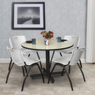 Image showing  Kobe  48 in. Round Breakroom Table, X-Base & 4 Grey M Stack Chairs