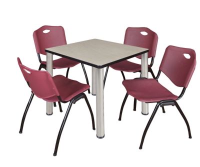 Regency Kee 30 in. Square Breakroom Table & 4 Burgundy M Stack Chairs