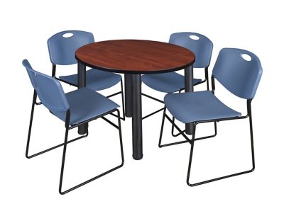 Image showing  Kee Round Breakroom Table with 4 Zeng Stack Chairs, 36 in., Blue