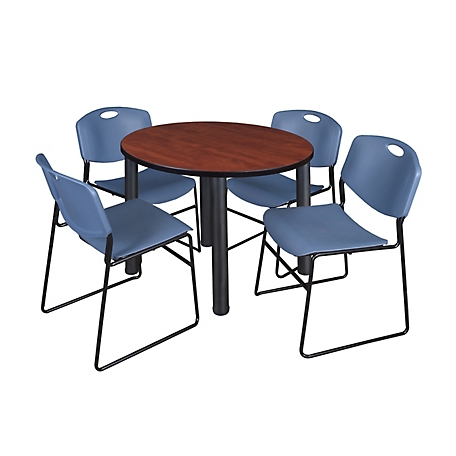 Regency Kee 36 in. Round Breakroom Table & 4 Blue Zeng Stack Chairs