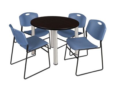 Regency Kee 36 in. Round Breakroom Table & 4 Blue Zeng Stack Chairs