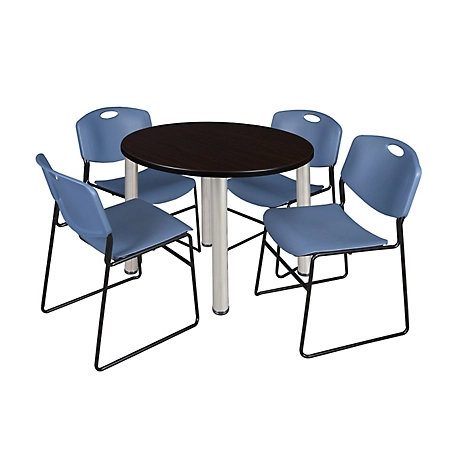 Regency Kee 36 in. Round Breakroom Table & 4 Blue Zeng Stack Chairs