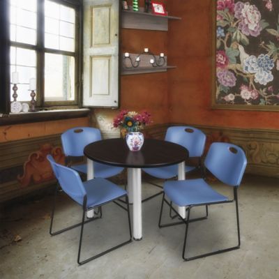 Image showing  Kee Round Breakroom Table with 4 Zeng Stack Chairs, 36 in., Blue