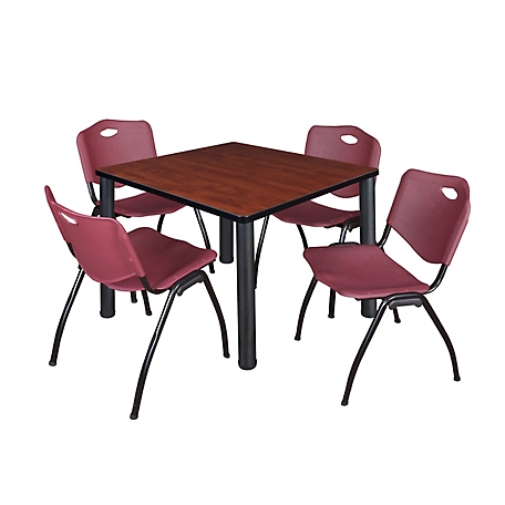 Regency Kee 42 in. Square Breakroom Table & 4 Burgundy M Stack Chairs