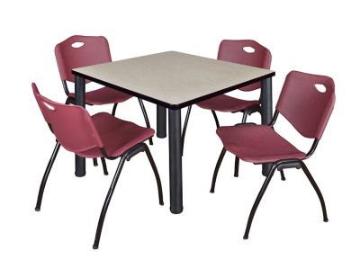 Regency Kee 42 in. Square Breakroom Table & 4 Burgundy M Stack Chairs