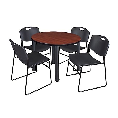Regency Kee 42 in. Round Breakroom Table & 4 Black Zeng Stack Chairs