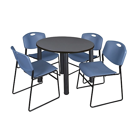 Regency Kee 42 in. Round Breakroom Table & 4 Blue Zeng Stack Chairs