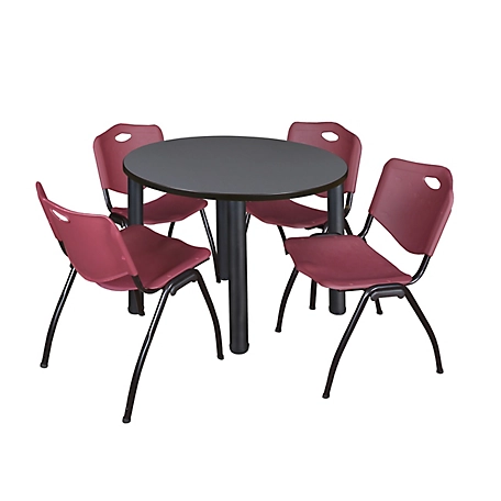 Regency Kee 42 in. Round Breakroom Table & 4 Burgundy M Stack Chairs