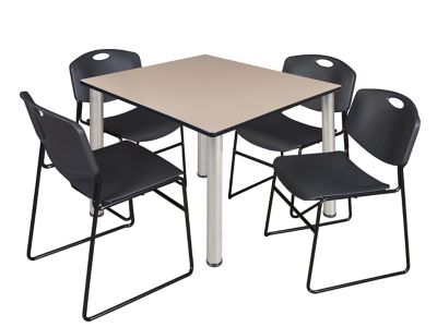 Regency Kee Square Breakroom Table and 4 Zeng Stack Chairs, 48 in., Black