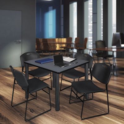 Image showing 1 th Regency Kee Square Breakroom Table with 4 Zeng Stack Chairs, 48 in., Black