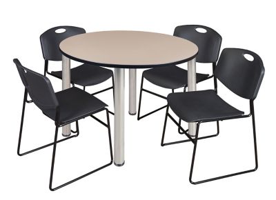 Regency Kee Round Breakroom Table with 4 Zeng Stack Chairs, 48 in., Black