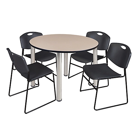 Regency Kee 48 in. Round Breakroom Table & 4 Black Zeng Stack Chairs