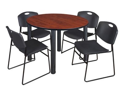 Regency Kee Round Breakroom Table with 4 Zeng Stack Chairs, 48 in., Black