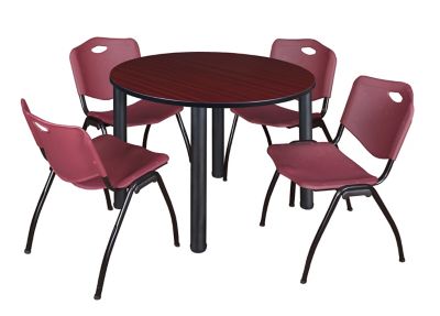 Regency Kee 48 in. Round Breakroom Table & 4 Burgundy M Stack Chairs