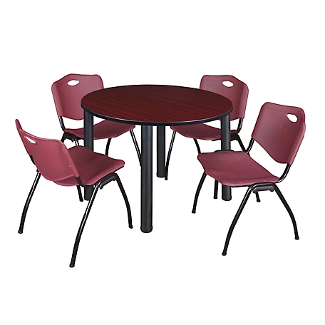 Regency Kee 48 in. Round Breakroom Table & 4 Burgundy M Stack Chairs