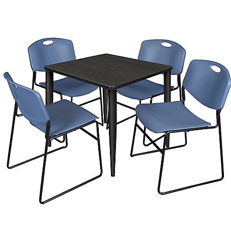 Regency Kahlo 30 in. Square Breakroom Table Top, Black Base & 4 Blue Zeng Stack Chairs