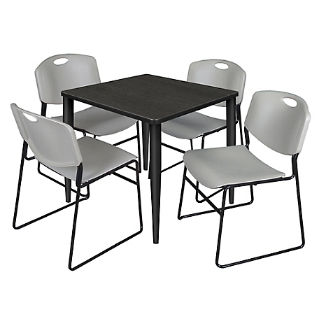 Regency Kahlo 30 in. Square Breakroom Table Top, Black Base & 4 Grey Zeng Stack Chairs