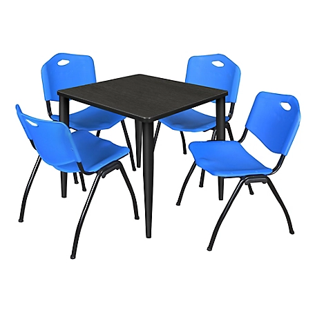 Regency Kahlo 30 in. Square Breakroom Table Top, Black Base & 4 Blue M Stack Chairs