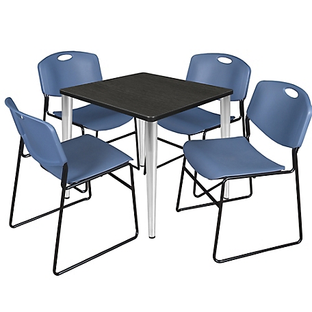 Regency Kahlo 30 in. Square Breakroom Table Top, Chrome Base & 4 Blue Zeng Stack Chairs