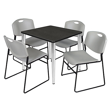 Regency Kahlo 30 in. Square Breakroom Table Top, Chrome Base & 4 Grey Zeng Stack Chairs