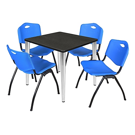 Regency Kahlo 30 in. Square Breakroom Table Top, Chrome Base & 4 Blue M Stack Chairs