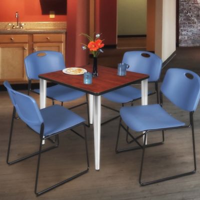 Image showing  Kahlo Square Breakroom Table with 4 Zeng Stack Chairs, 30 in., Chrome/Blue