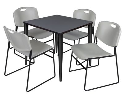 Regency Kahlo 30 in. Square Breakroom Table Top, Black Base & 4 Grey Zeng Stack Chairs