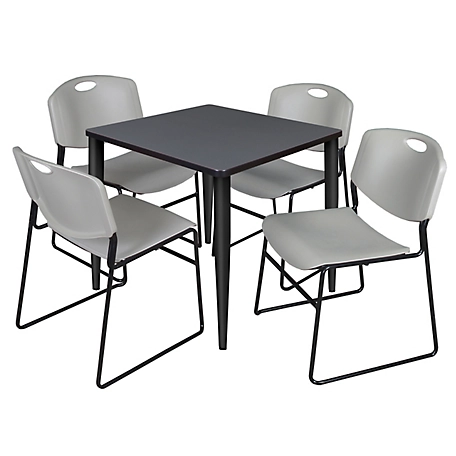 Regency Kahlo 30 in. Square Breakroom Table Top, Black Base & 4 Grey Zeng Stack Chairs