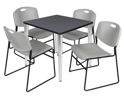 Regency Kahlo 30 in. Square Breakroom Table Top, Chrome Base & 4 Grey Zeng Stack Chairs