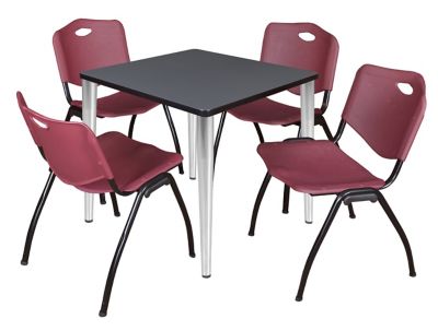 Regency Kahlo Square Breakroom Table with 4 M Stack Chairs, 30 in., Chrome/Burgundy