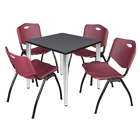 Regency Kahlo 30 in. Square Breakroom Table Top, Chrome Base & 4 Burgundy M Stack Chairs