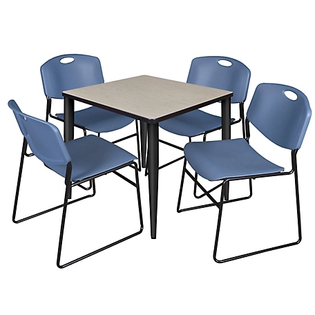 Regency Kahlo 30 in. Square Breakroom Table Top, Black Base & 4 Blue Zeng Stack Chairs