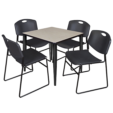 Regency Kahlo 30 in. Square Breakroom Table Top, Black Base & 4 Black Zeng Stack Chairs