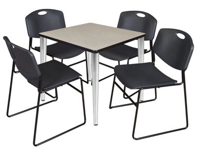 Regency Kahlo 30 in. Square Breakroom Table Top, Chrome Base & 4 Black Zeng Stack Chairs