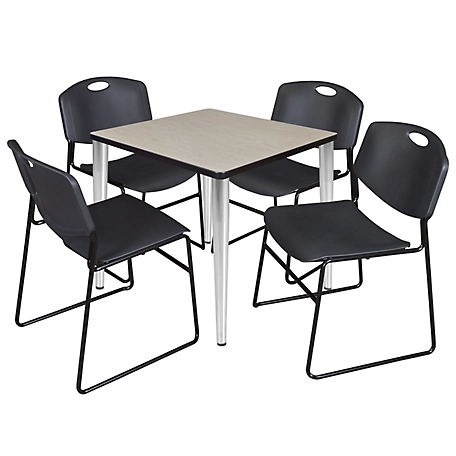 Regency Kahlo 30 in. Square Breakroom Table Top, Chrome Base & 4 Black Zeng Stack Chairs